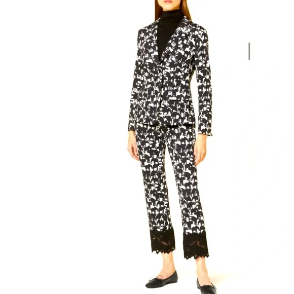 MarcCain Black and White Patterned Cropped Pants With Lace Trim NWT